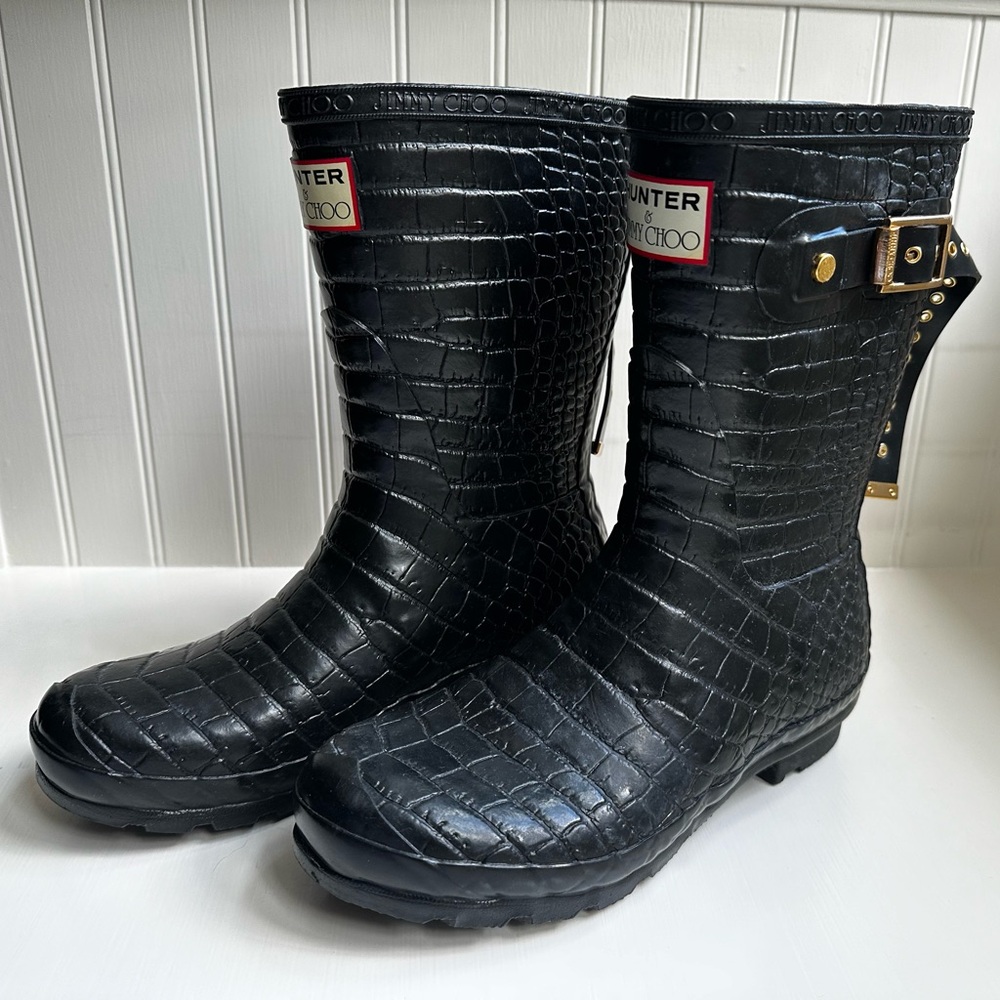 Hunter & Jimmy Choo Crocodile Embossed Rubber Rain Boots Black Size 8M